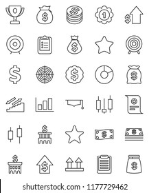 thin line vector icon set - graduate hat vector, clipboard, award cup, certificate, graph, pie, japanese candle, money bag, dollar growth, bank building, target, medal, sign, stairways run, top