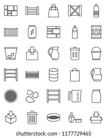 thin line vector icon set - bucket vector, trash bin, garbage pile, measuring cup, jug, sieve, jar, enegry drink, water bottle, sea container, port, wood box, consolidated cargo, package, oil barrel