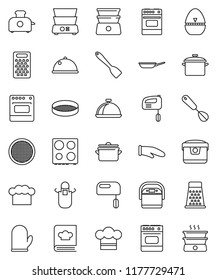 thin line vector icon set - pan vector, cook hat, apron, glove, timer, whisk, spatula, grater, oven, double boiler, cookbook, sieve, dish, mixer, multi cooker, toaster
