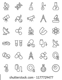 thin line vector icon set - thermometer vector, drawing compass, atom, telescope, microscope, magnet, flask, pills, molecule, oxygen, satellite, antenna, vial, dna, drop counter, ovule