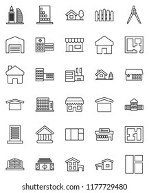 thin line vector icon set - school building vector, drawing compass, university, stadium, dry cargo, hospital, home, cottage, chalet, barn, fence, plan, apartments, office, store, mall, window