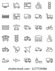 thin line vector icon set - school bus vector, bike, plane, traffic light, ship, truck trailer, sea container, delivery, car, port, consolidated cargo, disabled, amkbulance, garage, relocation