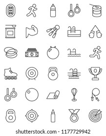 thin line vector icon set - award cup vector, target, stadium, weight, jump rope, punching bag, fitball, muscule hand, boxing glove, roller Skates, medal, sports nutrition, water bottle, fitness mat