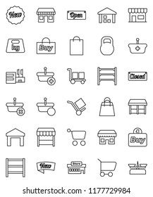 thin line vector icon set - office vector, cargo, warehouse, weight, shelving, new, open, closed, shopping bag, market, store, mall, buy, basket, cart, scales