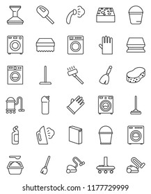thin line vector icon set - broom vector, vacuum cleaner, mop, bucket, sponge, car fetlock, steaming, washer, washing powder, cleaning agent, rubber glove