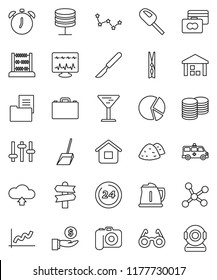 thin line vector icon set - scoop vector, clothespin, garbage pile, kettle, glasses, case, alarm clock, abacus, constellation, graph, pie, credit card, investment, coin stack, signpost, glass, home