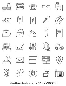 thin line vector icon set - soap vector, water closet, tap, kettle, hand mill, magnet, check, tie, enegry drink, oxygen, traffic light, gamepad, settings, dropper, broken bone, drop counter, menu
