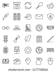 thin line vector icon set - liquid soap vector, plates, leaf, dollar shield, hierarchy, stairways run, stadium, earth, traffic light, clock, clipboard, barcode, insemination, dropper, scalpel, sperm
