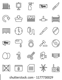 thin line vector icon set - sprayer vector, plates, knife, thermometer, egg, scissors, presentation, document, clock, dollar calendar, breads, wood box, disk, video camera, scalpel, drop counter