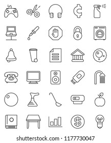thin line vector icon set - plunger vector, trash bin, sprayer, shower, ladle, apple fruit, bell, document, university, graph, cent sign, fitball, phone, gamepad, headphones, speaker, dropper, ovule