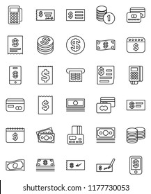 thin line vector icon set - credit card vector, cash, coin stack, check, receipt, dollar calendar, money, reader, tap pay