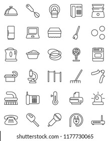 thin line vector icon set - broom vector, fetlock, rake, sponge, foam basin, whisk, double boiler, thermometer, dish, notebook pc, hand trainer, horizontal bar, hoop, microphone, classic phone, oven