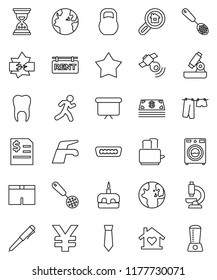 Thin Line Vector Icon Set - Water Tap Vector, Drying Clothes, Washer, Skimmer, Toaster, Cake, Pen, Microscope, World, Annual Report, Sand Clock, Presentation Board, Tie, Yen Sign, Shorts, Run, Earth