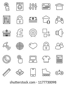 thin line vector icon set - university vector, ruler, calculator, notebook pc, abacus, target, pound, roller Skates, calendar, dry cargo, satellitie, speaker, gamepad, settings, mobile phone, group
