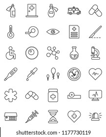 thin line vector icon set - flask vector, heart pulse, pills, molecule, cross, ambulance star, disabled, thermometer, eye, pregnancy, insemination, syringe, dropper, scalpel, sand clock, bottle
