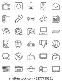 thin line vector icon set - cinema clap vector, film spool, disk, camera, microphone, newspaper, tv, gamepad, video, internet, dialog, monitor, notebook pc, classic phone, speaker, group, finger up