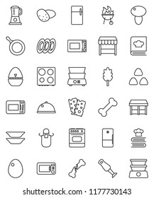 thin line vector icon set - pan vector, apron, cook timer, microwave oven, double boiler, cookbook, blender, bbq, plates, dish, cereal, egg, mushroom, potato, breads, bone, broken, market, fridge