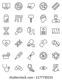 thin line vector icon set - atom vector, pills vial, heart monitor, pulse, cross, doctor, thermometer, eye, dna, magnifier, pregnancy, broken bone, sand clock, stethoscope, blister, microbs, bandage