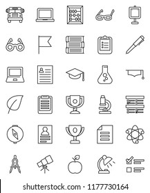 thin line vector icon set - book vector, graduate hat, drawing compass, glasses, apple fruit, atom, pen, telescope, microscope, table lamp, notebook pc, clipboard, award cup, school bus, abacus