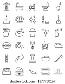 thin line vector icon set - soap vector, cleaner trolley, broom, fetlock, scoop, bucket, clothespin, sponge, towel, trash bin, water tap, car, shining, iron, steaming, bath, toilet, brush, liquid