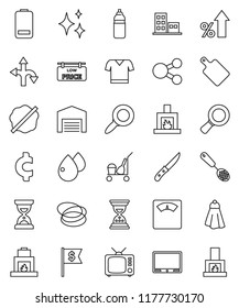thin line vector icon set - cleaner trolley vector, towel, shining, splotch, skimmer, knife, cutting board, magnifier, percent growth, sand clock, dollar flag, cent sign, scales, t shirt, hoop, tv