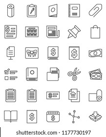 thin line vector icon set - toilet paper vector, book, copybook, schedule, clipboard, pin, constellation, exam, cash, annual report, receipt, dollar calendar, fitness mat, money, document, newspaper