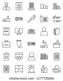 thin line vector icon set - trash bin vector, student, case, pen, archive, exam, manager, binder, clipboard, phone, receipt, sorting, diagnostic monitor, medical room, router, user, mailbox, printer
