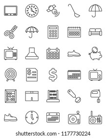 thin line vector icon set - ladle vector, mixer, scissors, abacus, piggy bank, annual report, clock, calendar, dollar sign, snickers, shorts, target, umbrella, radio, satellitie, tv, calculator