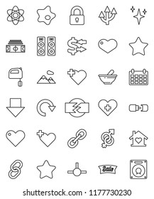 thin line vector icon set - shining vector, splotch, mixer, atom, exchange, arrow down, calendar, stadium, heart cross, link, favorites, gender sign, mortar, connect, redo, route, connection, lock