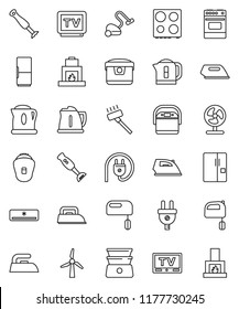 thin line vector icon set - vacuum cleaner vector, iron, kettle, mixer, oven, double boiler, blender, tv, windmill, air conditioner, fridge, power plug, multi cooker, epilator, fan, fireplace