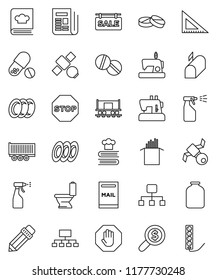 thin line vector icon set - toilet vector, sprayer, plates, cookbook, jar, pasta, pencil, corner ruler, money search, hierarchy, pills, Railway carriage, satellite, truck trailer, newspaper, stop