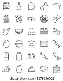thin line vector icon set - plates vector, camping cauldron, oil, cook hat, glove, press, ladle, oven, cookbook, spices, blender, dish, jar, cereal, egg, potato, chicken leg, apple fruit, breads