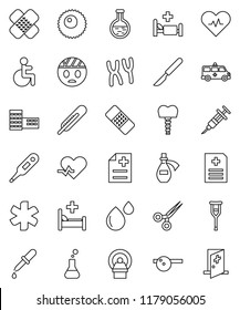 thin line vector icon set - school building vector, ambulance star, disabled, heart pulse, thermometer, flask, syringe, dropper, crutches, scissors, scalpel, patch, eye doctor hat, chromosomes