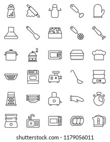 thin line vector icon set - sponge vector, plates, sink, pan, colander, cook hat, apron, glove, timer, whisk, skimmer, spatula, ladle, rolling pin, hand mill, grater, toaster, double boiler, hood