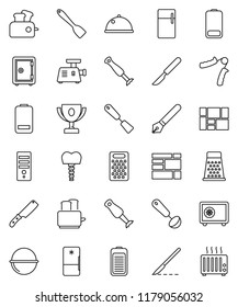 thin line vector icon set - camping cauldron vector, spatula, ladle, knife, grater, toaster, blender, dish, pen, award cup, safe, hand trainer, consolidated cargo, battery, scalpel, tooth implant