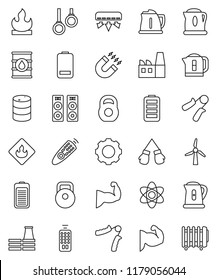 thin line vector icon set - kettle vector, atom, magnet, weight, hand trainer, muscule, boxing glove, gymnast rings, flammable, oil barrel, remote control, battery, gear, windmill, air conditioner