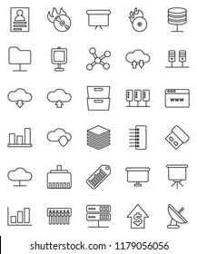 thin line vector icon set - presentation vector, archive, personal information, graph, dollar growth, board, barcode, music hit, network, server, folder, cloud, shield, exchange, big data, browser