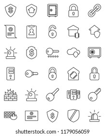 thin line vector icon set - certificate vector, personal information, dollar shield, safe, protected, link, cloud, server, firewall, lock, unlock, siren, key, smart home, protect, password