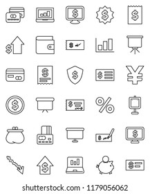 thin line vector icon set - presentation vector, dollar coin, graph, laptop, credit card, wallet, crisis, piggy bank, growth, check, receipt, board, medal, shield, monitor, yen sign, percent