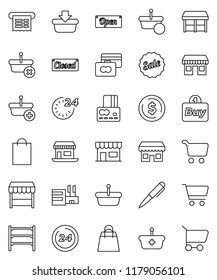thin line vector icon set - pen vector, dollar coin, cart, credit card, office, shelving, sale, open, closed, 24 hour, shopping bag, market, store, mall, buy, receipt, basket