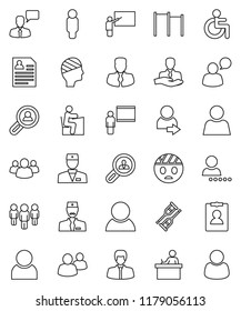 thin line vector icon set - blackboard vector, student, manager, man, personal information, horizontal bar, client, speaking, group, disabled, doctor, crutches, head bandage, user, login, search