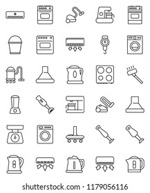 thin line vector icon set - vacuum cleaner vector, bucket, kettle, scales, oven, blender, air conditioner, washer, coffee maker, hood