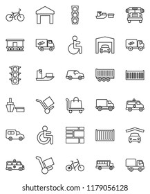 thin line vector icon set - school bus vector, bike, traffic light, ship, truck trailer, sea container, delivery, car, port, consolidated cargo, warehouse, Railway carriage, disabled, amkbulance