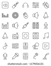 thin line vector icon set - bell vector, music, disk, hit, microphone, radio, speaker, equalizer, headphones, play button, backward, rec, jack
