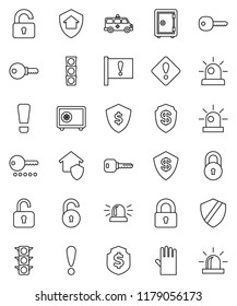 thin line vector icon set - rubber glove vector, dollar shield, safe, attention, traffic light, amkbulance car, lock, unlock, key, sign, siren, home protect, password