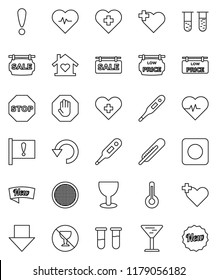 thin line vector icon set - sieve vector, arrow down, heart pulse, no alcohol sign, cross, attention, glass, rec button, thermometer, vial, undo, stop, sale signboard, low price, love home, new