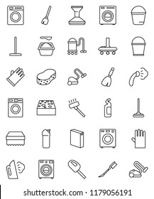 thin line vector icon set - broom vector, vacuum cleaner, mop, bucket, sponge, car fetlock, steaming, washer, washing powder, cleaning agent, rubber glove