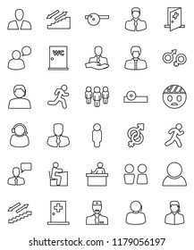 thin line vector icon set - water closet vector, student, manager, man, stairways run, support, client, speaking, gender sign, eye doctor hat, head bandage, medical room, consumer
