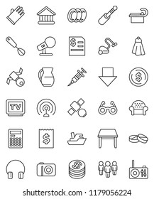 thin line vector icon set - vacuum cleaner vector, towel, rubber glove, plates, whisk, jug, glasses, calculator, university, dollar coin, annual report, receipt, man, arrow down, satellite, ship, tv