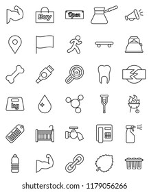 thin line vector icon set - water drop vector, tap, sprayer, kettle, turk coffee, bbq, molecule, flag, leaf, muscule hand, skateboard, bottle, bone, run, map pin, weight, barcode, link, hdmi, tooth